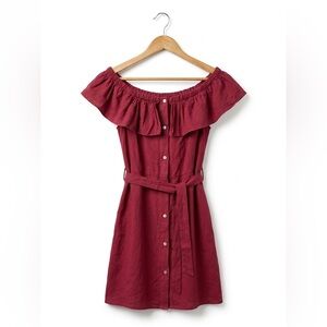 ZARA Basic XS Linen Cotton Ruffle Off Shoulder Belted Dress Berry